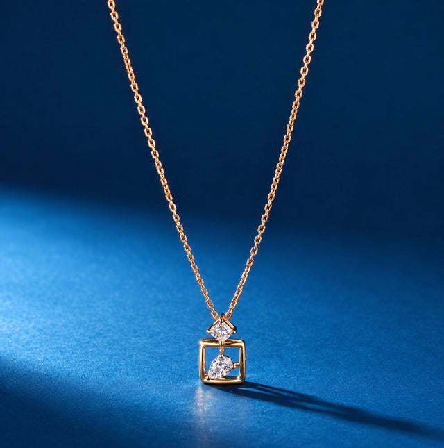 Pear Cut Floating Square Frame Pendant Necklace