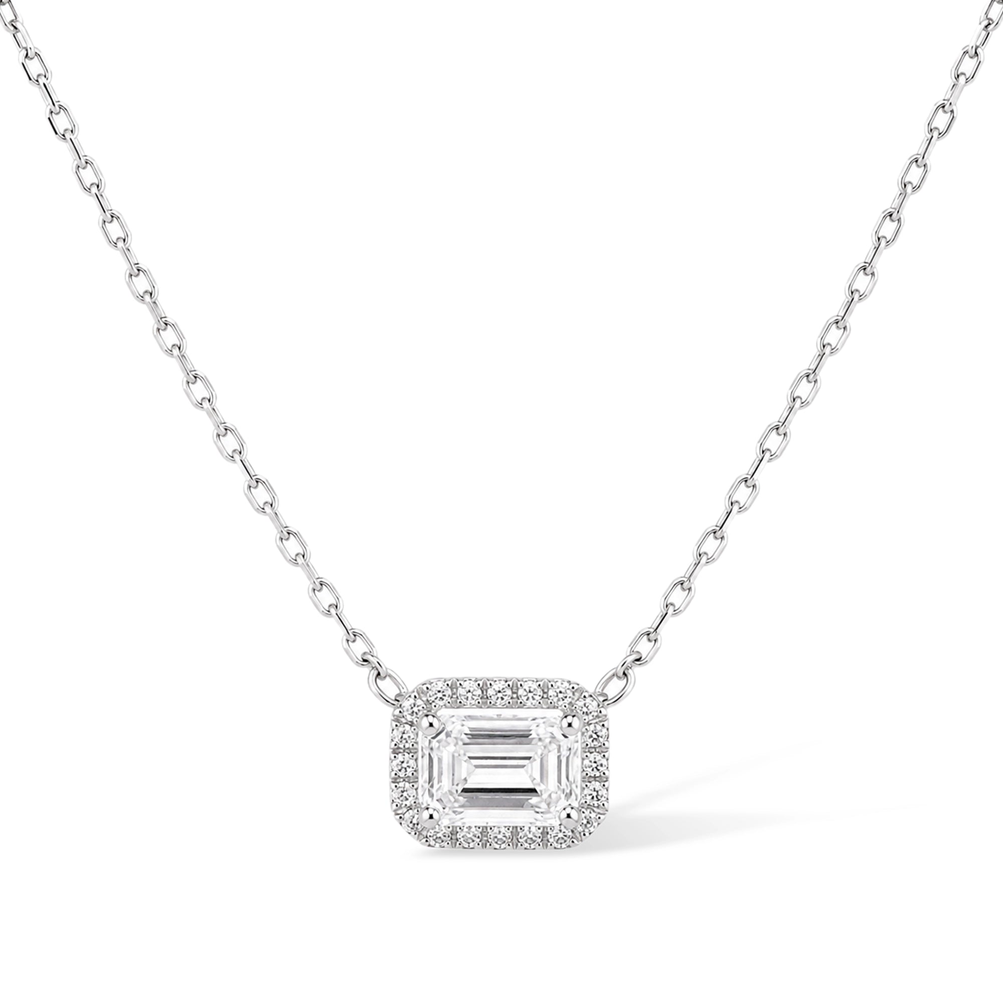 Emerald Cut Halo Pendant, White Gold