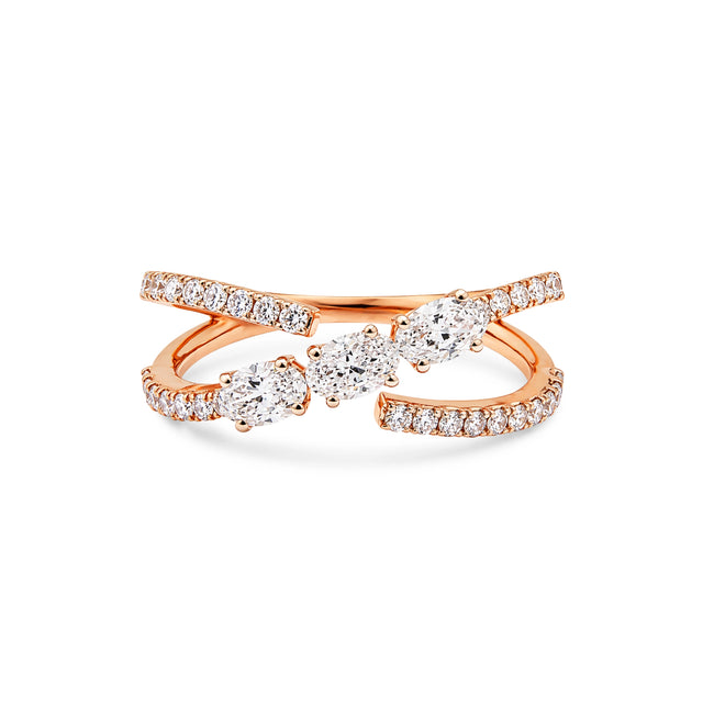 Open Crossover Bypass Oval Three-Stone Ring