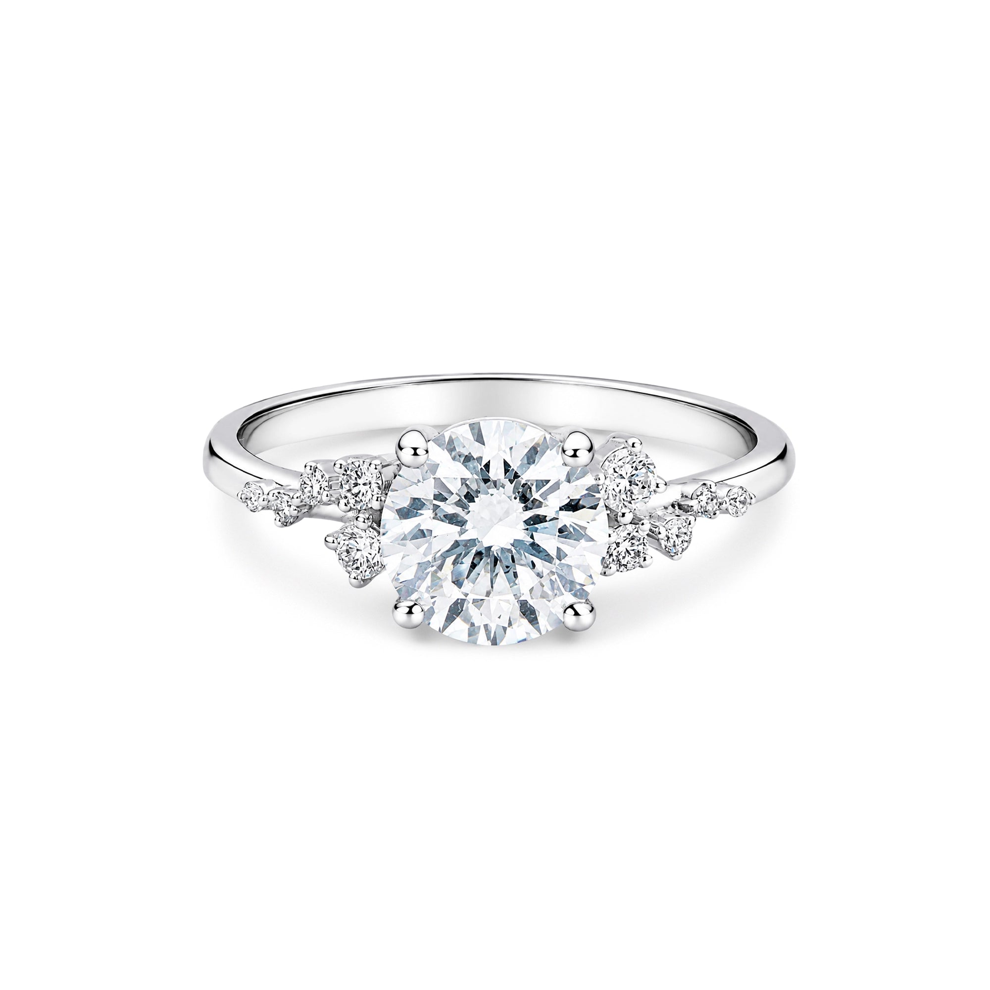 Round Brilliant Asymmetric Cluster Solitaire Ring