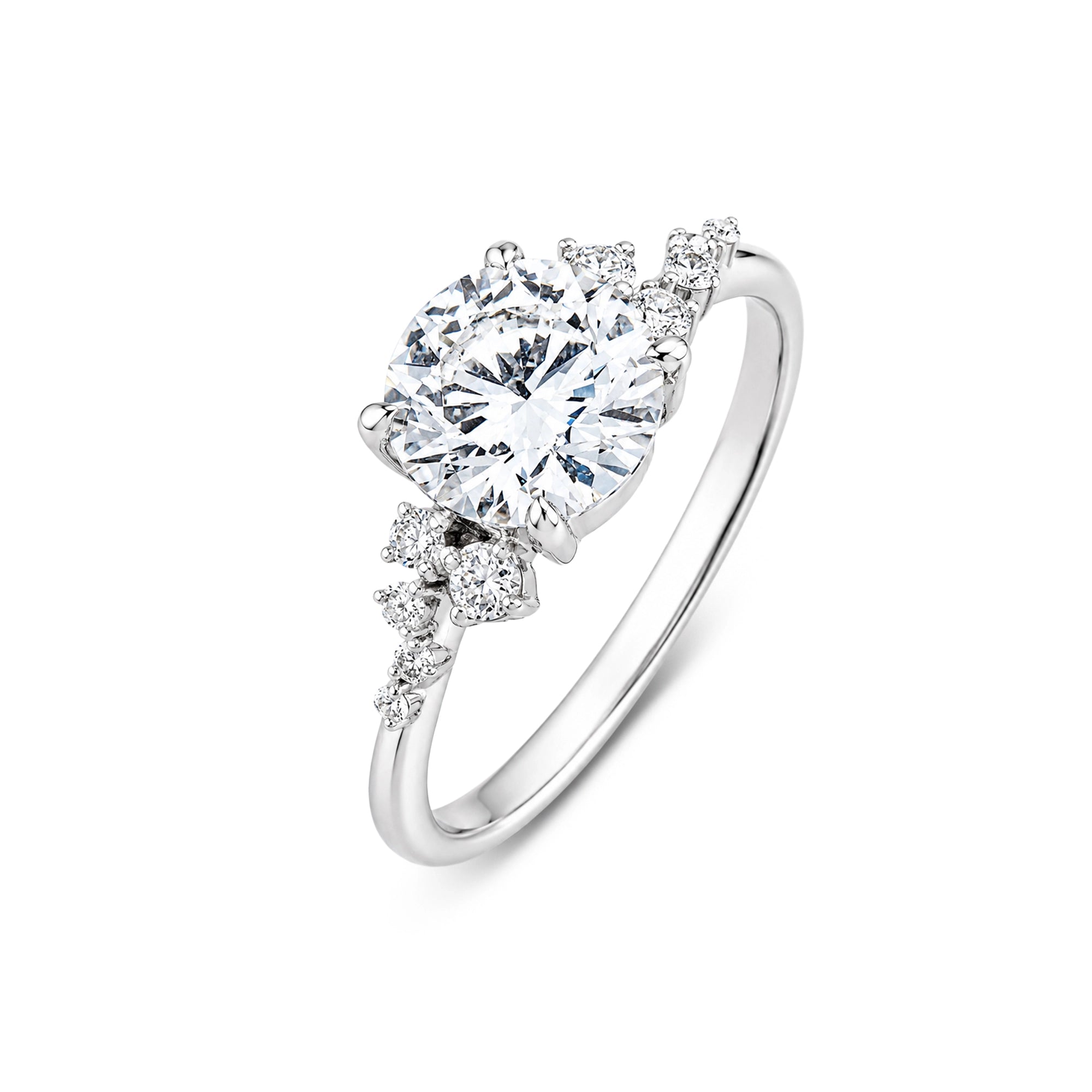 Round Brilliant Asymmetric Cluster Solitaire Ring