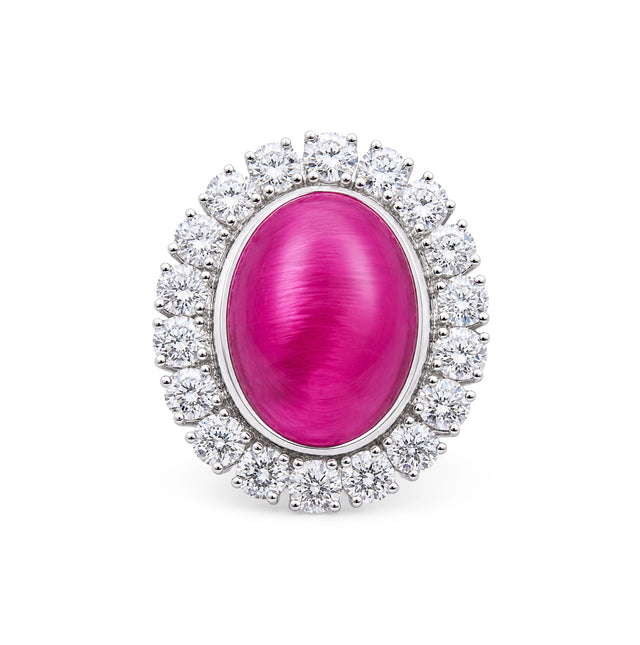 Oval Cabochon Ruby Diamond Halo Cocktail Ring