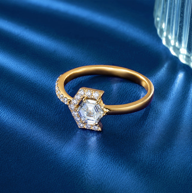 Hexagonal Cut Geometric Halo Pavé Ring