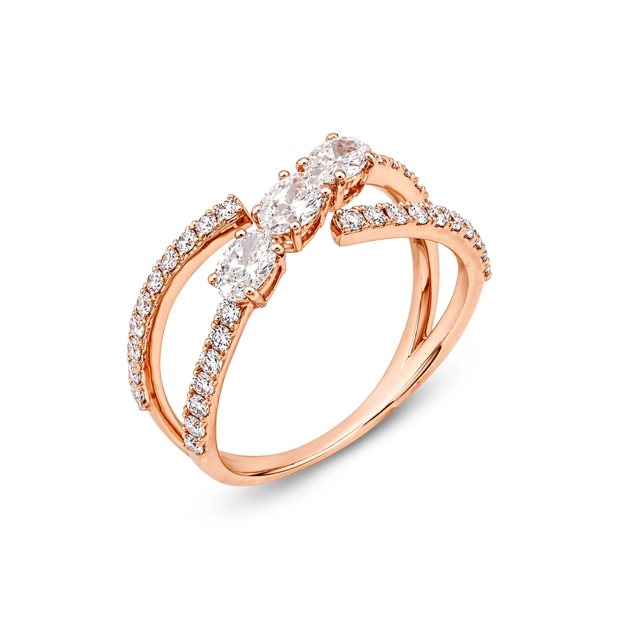 Open Crossover Bypass Oval Three-Stone Ring
