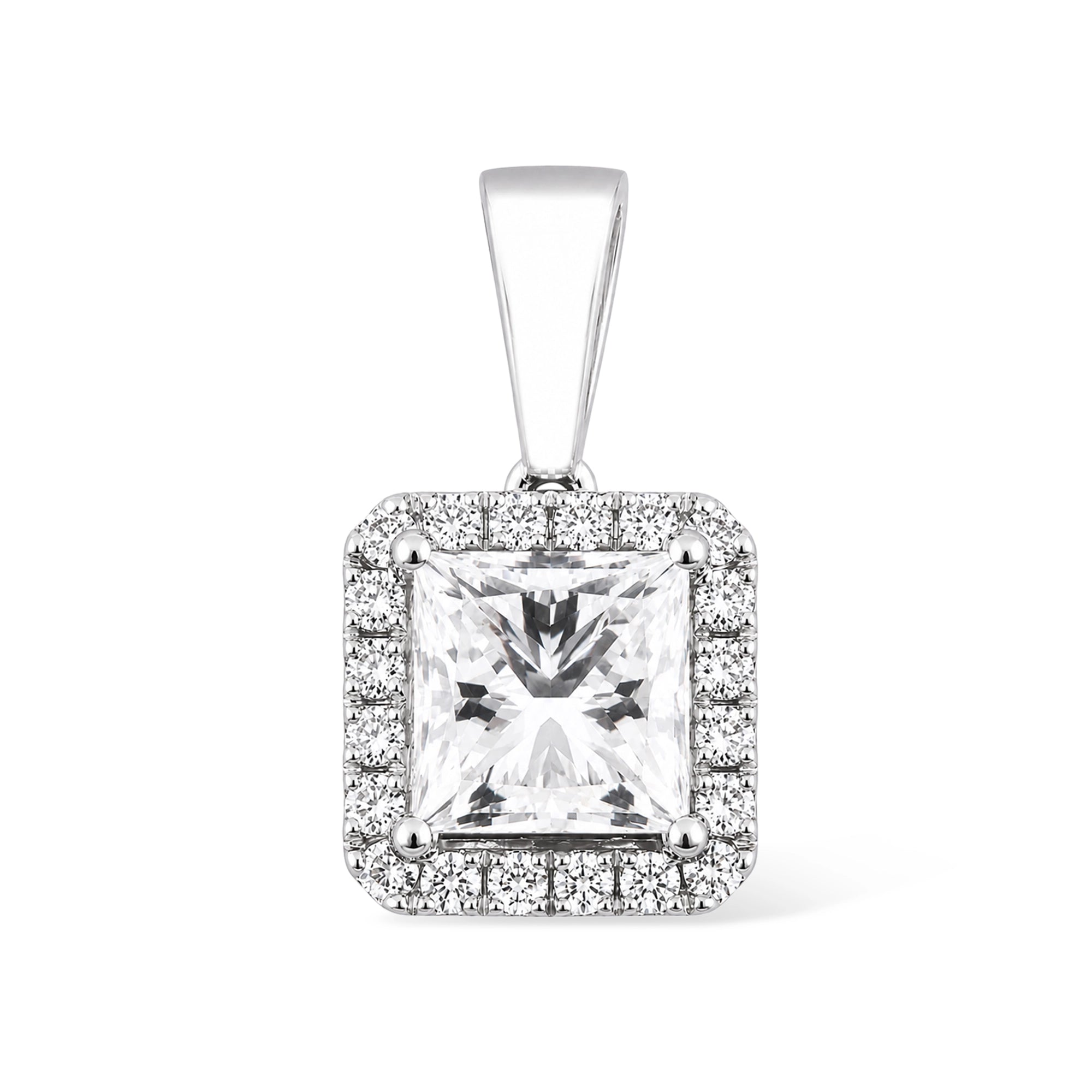 Princess Cut Halo Pendant, White Gold