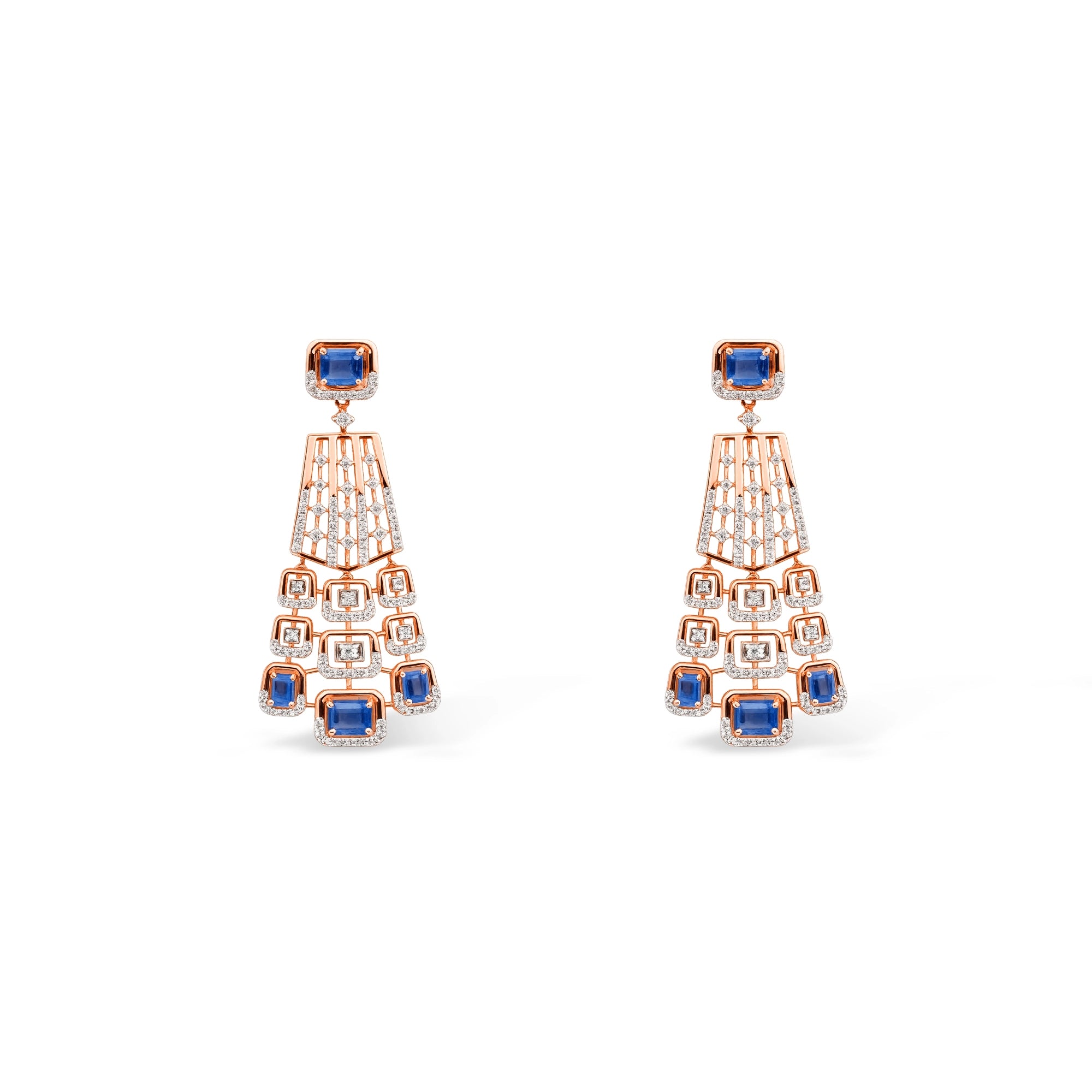 Blue Sapphire Emerald Cut Grid Chandelier Earrings