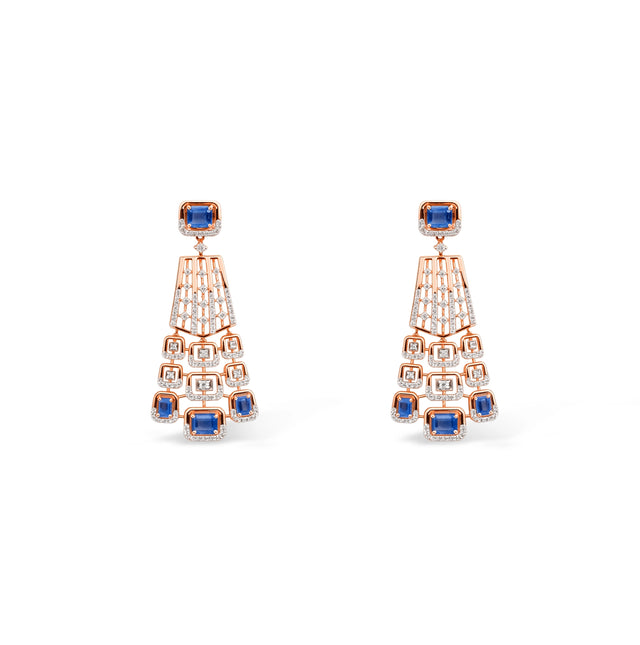 Blue Sapphire Emerald Cut Grid Chandelier Earrings