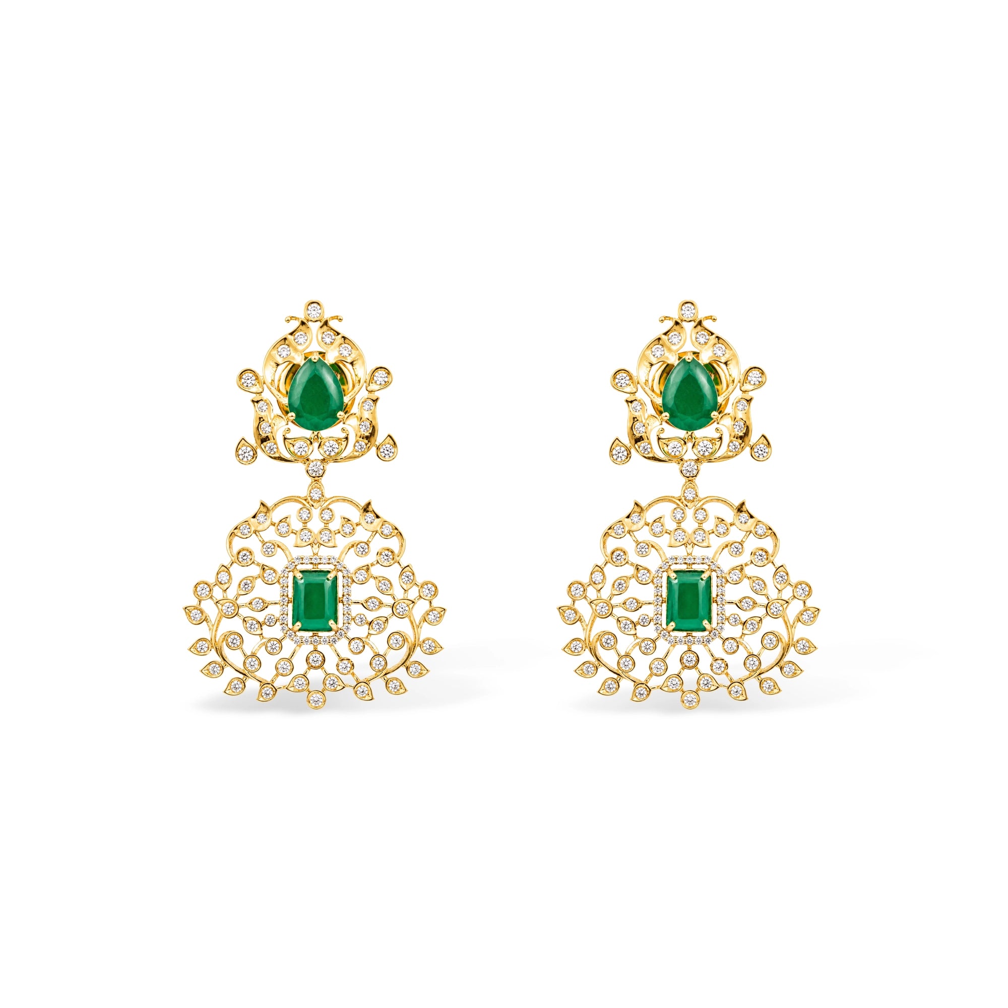 Emerald and Diamond Floral Cluster Chandelier Earrings
