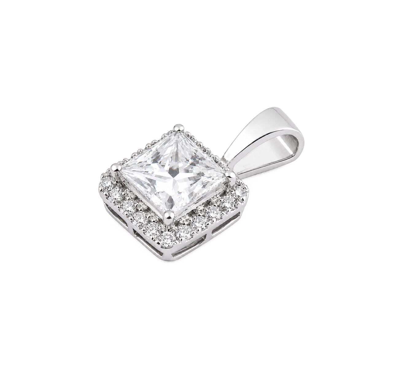 Princess Cut Halo Pendant, White Gold