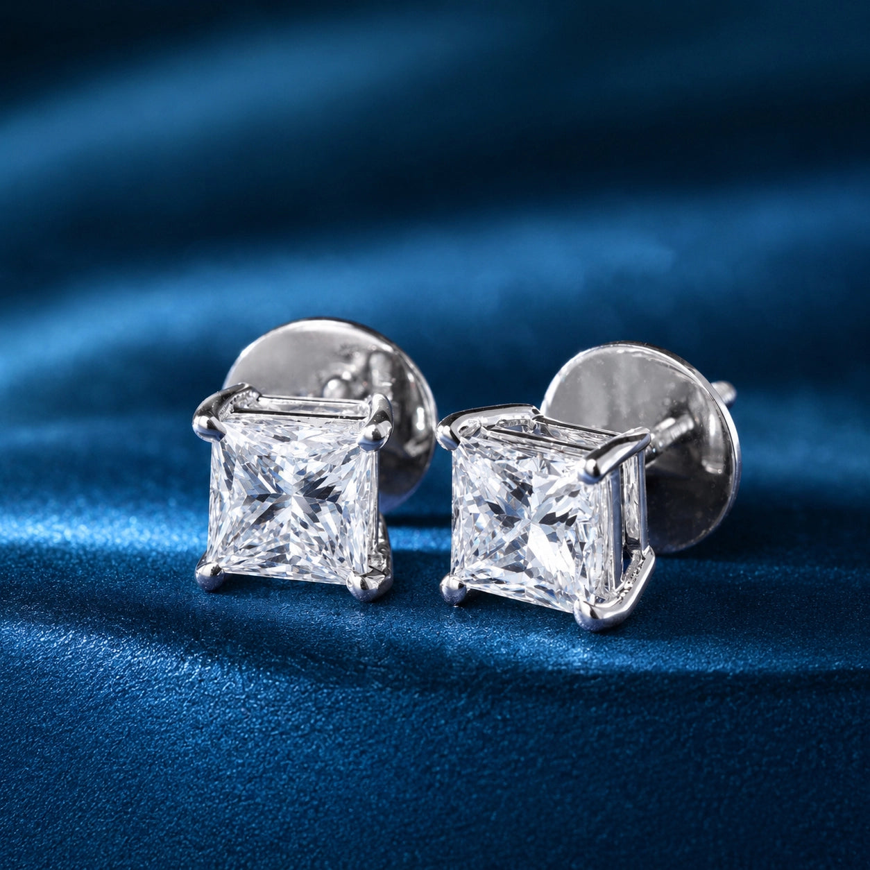 Princess Cut Studs, Open Gallery Setting