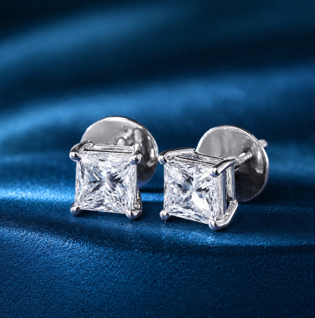 Princess Cut Studs, Open Gallery Setting