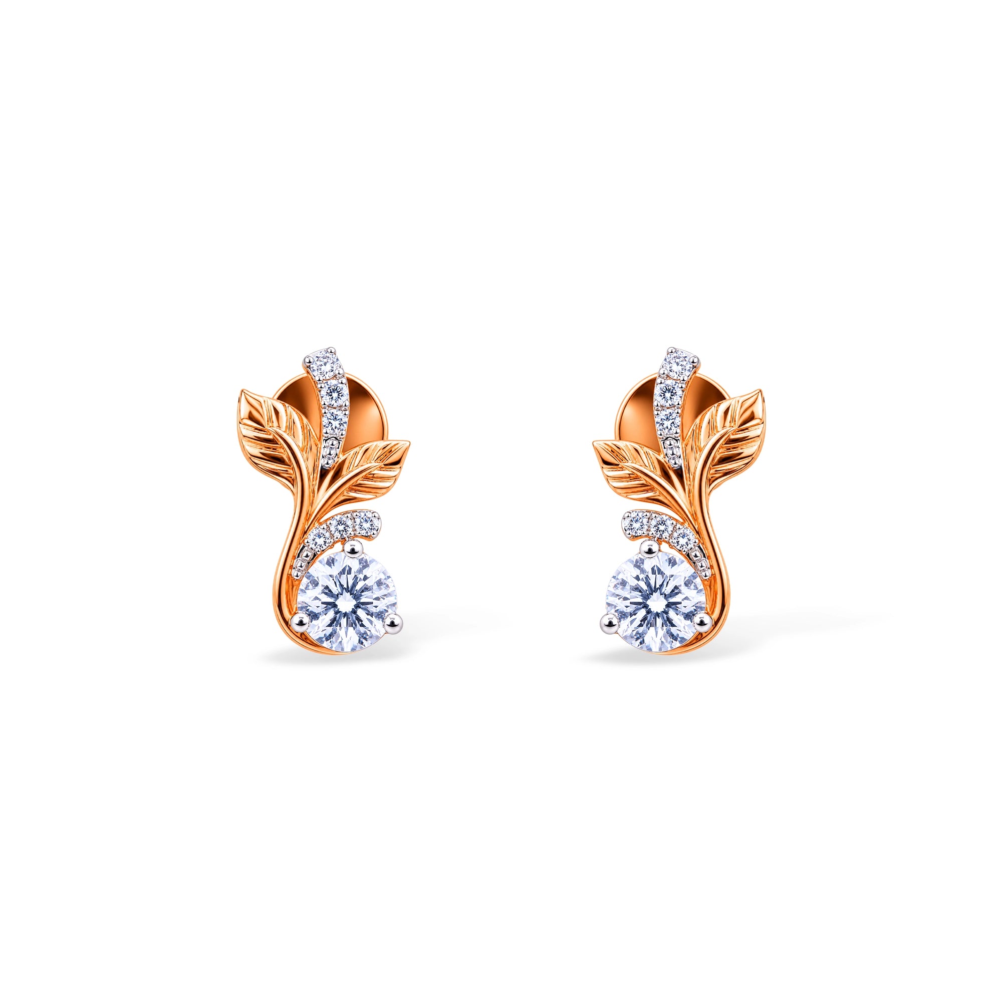 Botanical Leaf and Round Diamond Stud Earrings