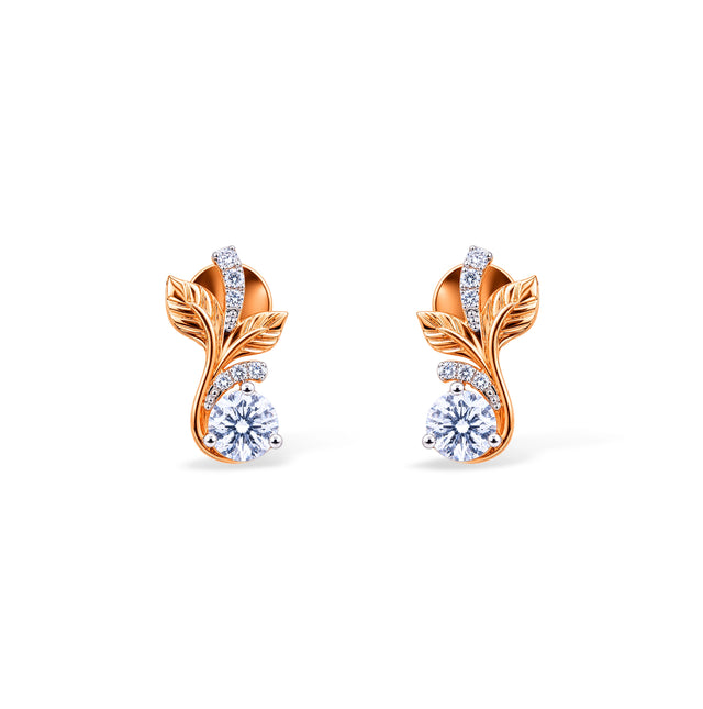 Botanical Leaf and Round Diamond Stud Earrings