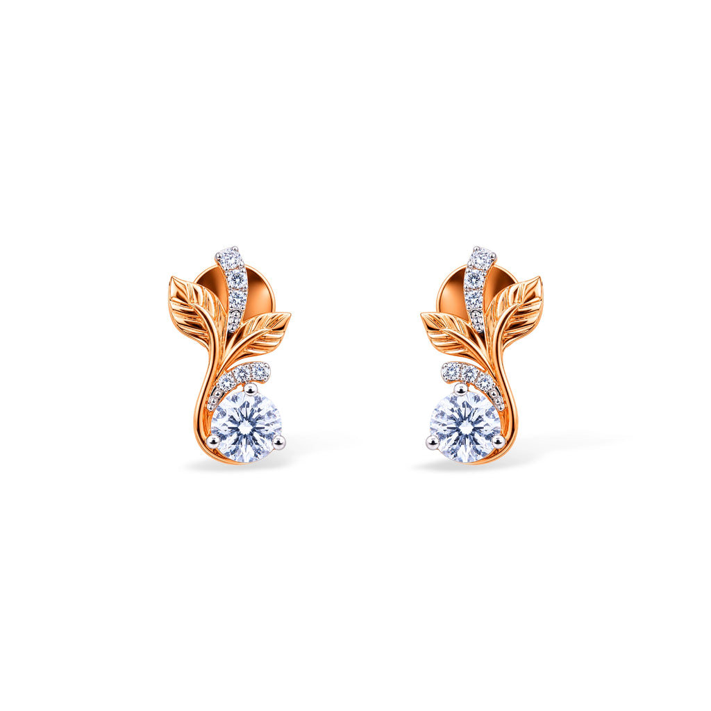 Botanical Leaf and Round Diamond Stud Earrings