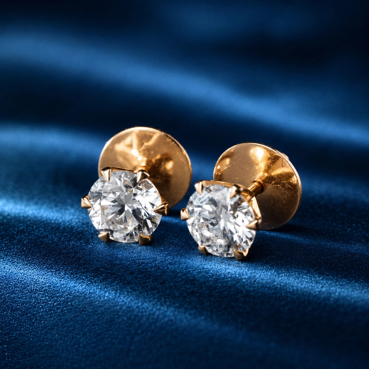 Six Prong Round Diamond Studs, Yellow Gold