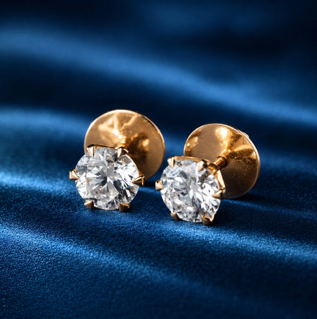 Six Prong Round Diamond Studs, Yellow Gold