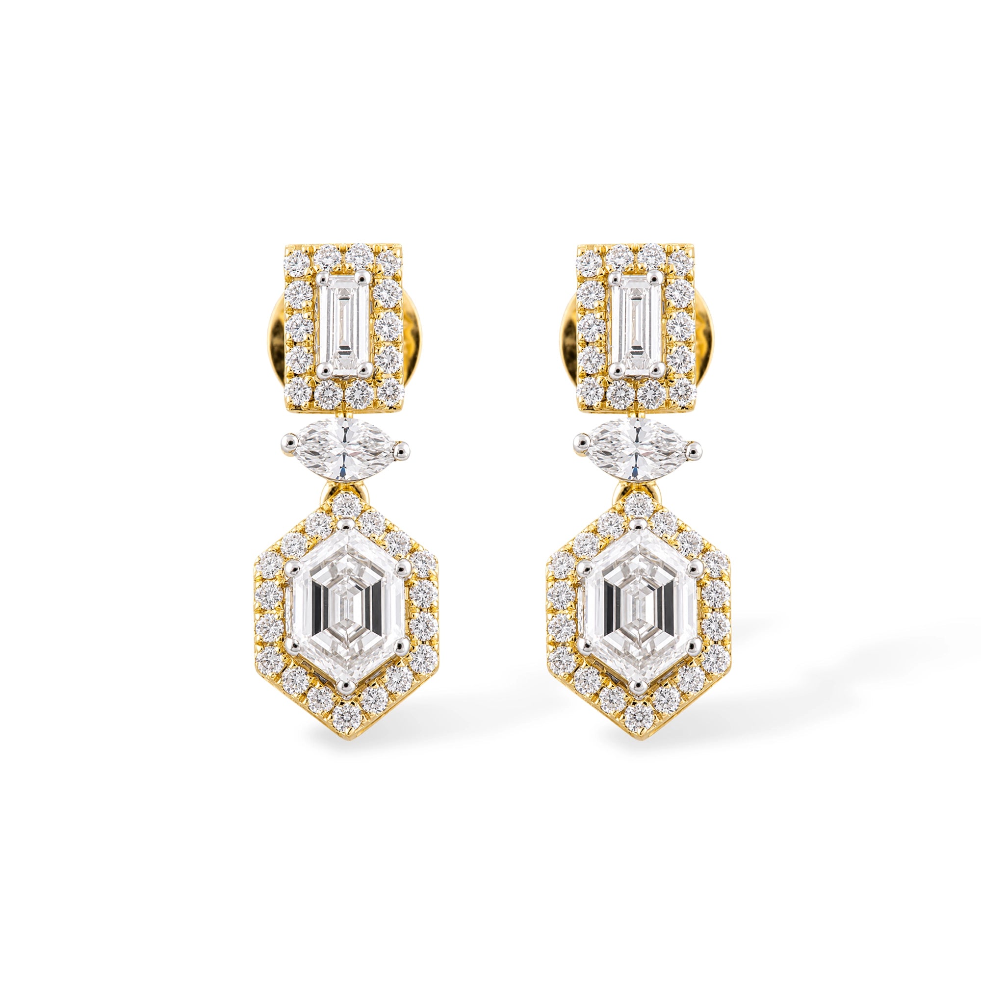Hexagon Halo Emerald Cut Drop Earrings