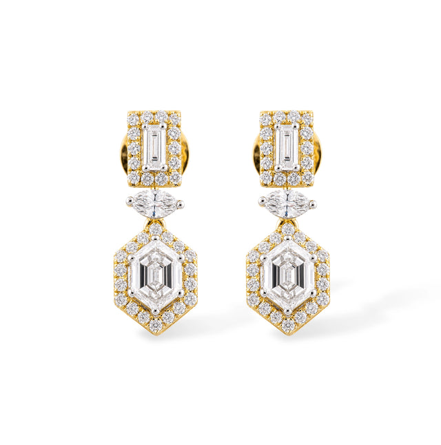 Hexagon Halo Emerald Cut Drop Earrings