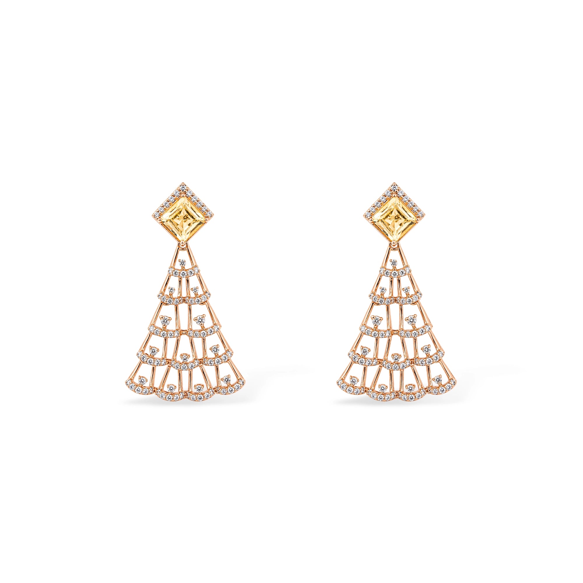 Yellow Stone Square Stud and Open Fan Lattice Chandelier Earrings