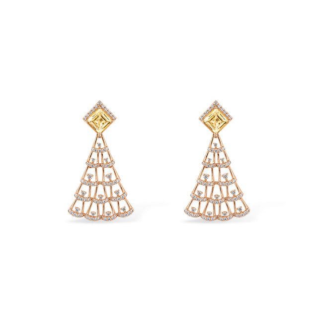 Yellow Stone Square Stud and Open Fan Lattice Chandelier Earrings