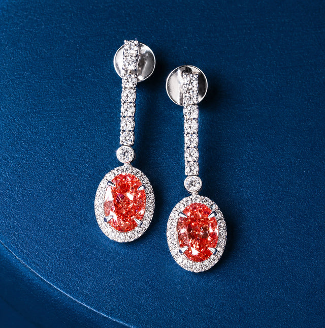 Fancy Red Oval Diamond Halo Drop Earrings