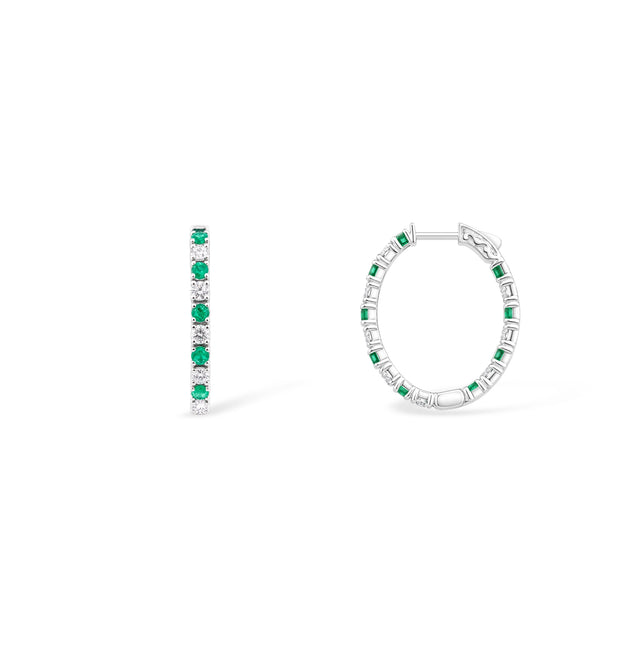 Emerald and Diamond Alternating Hoop Earrings