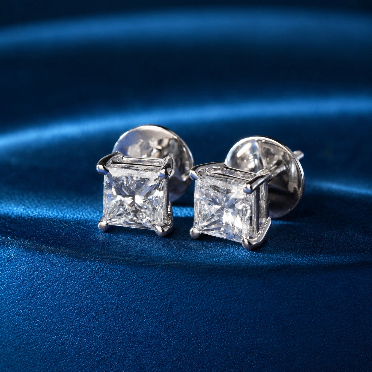 Princess Cut Solitaire Studs, White Gold