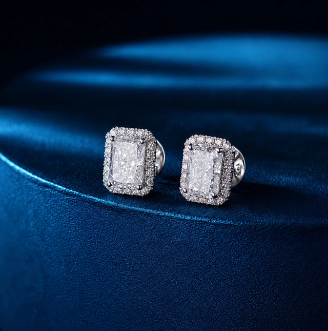 Radiant Cut Halo Stud Earrings