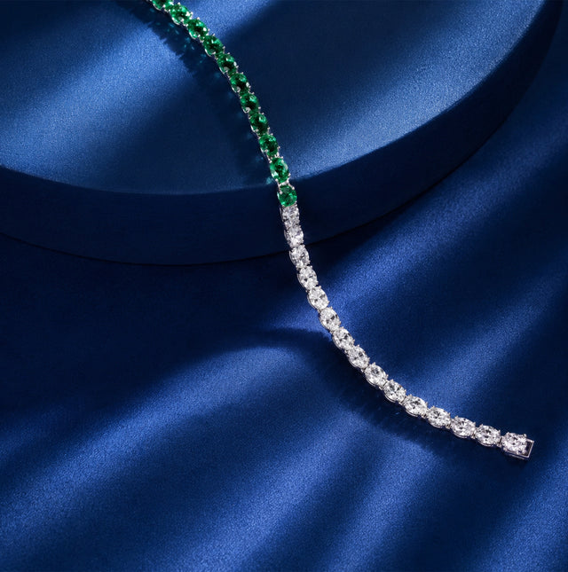 Half Emerald Half Round Diamond Two-Tone Tennis Bracelet
