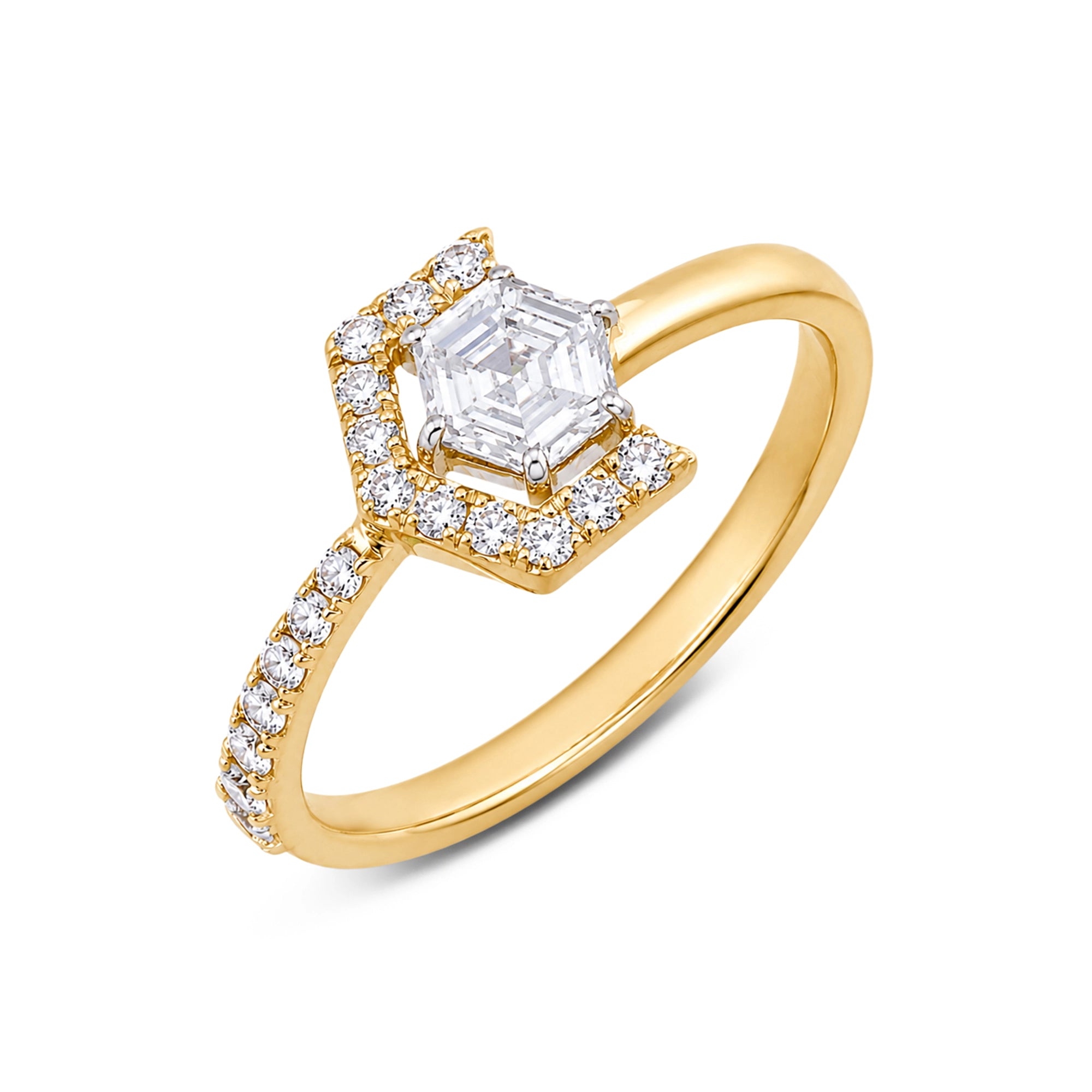 Hexagonal Cut Geometric Halo Pavé Ring