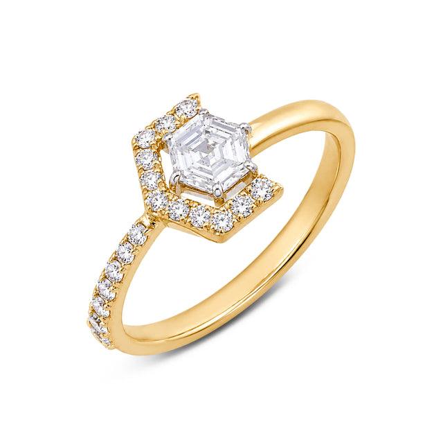 Hexagonal Cut Geometric Halo Pavé Ring