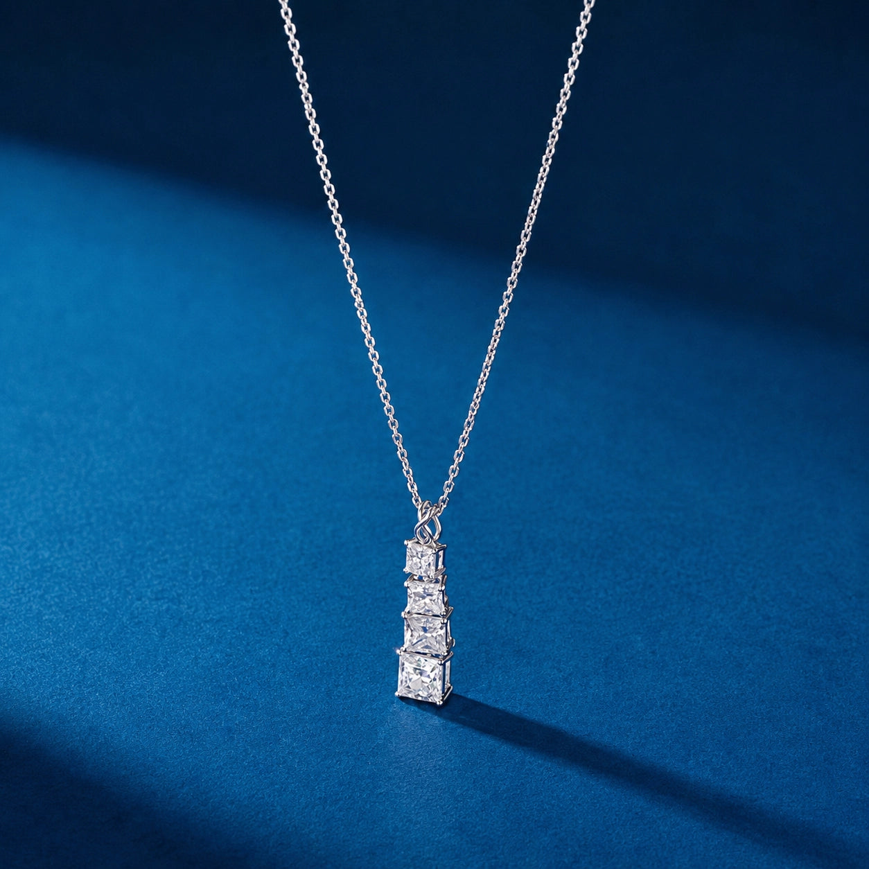 Princess Cut Three-Stone Vertical Drop Pendant Necklace