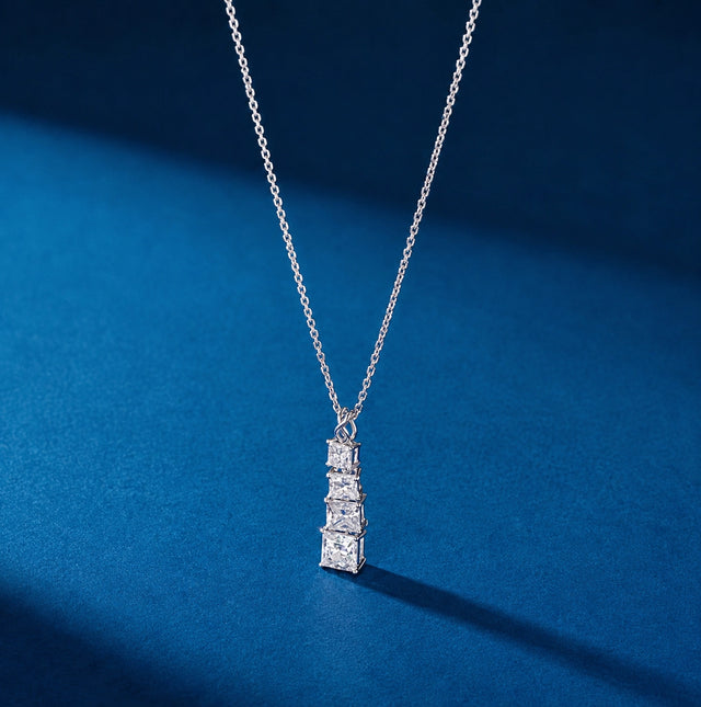 Princess Cut Three-Stone Vertical Drop Pendant Necklace