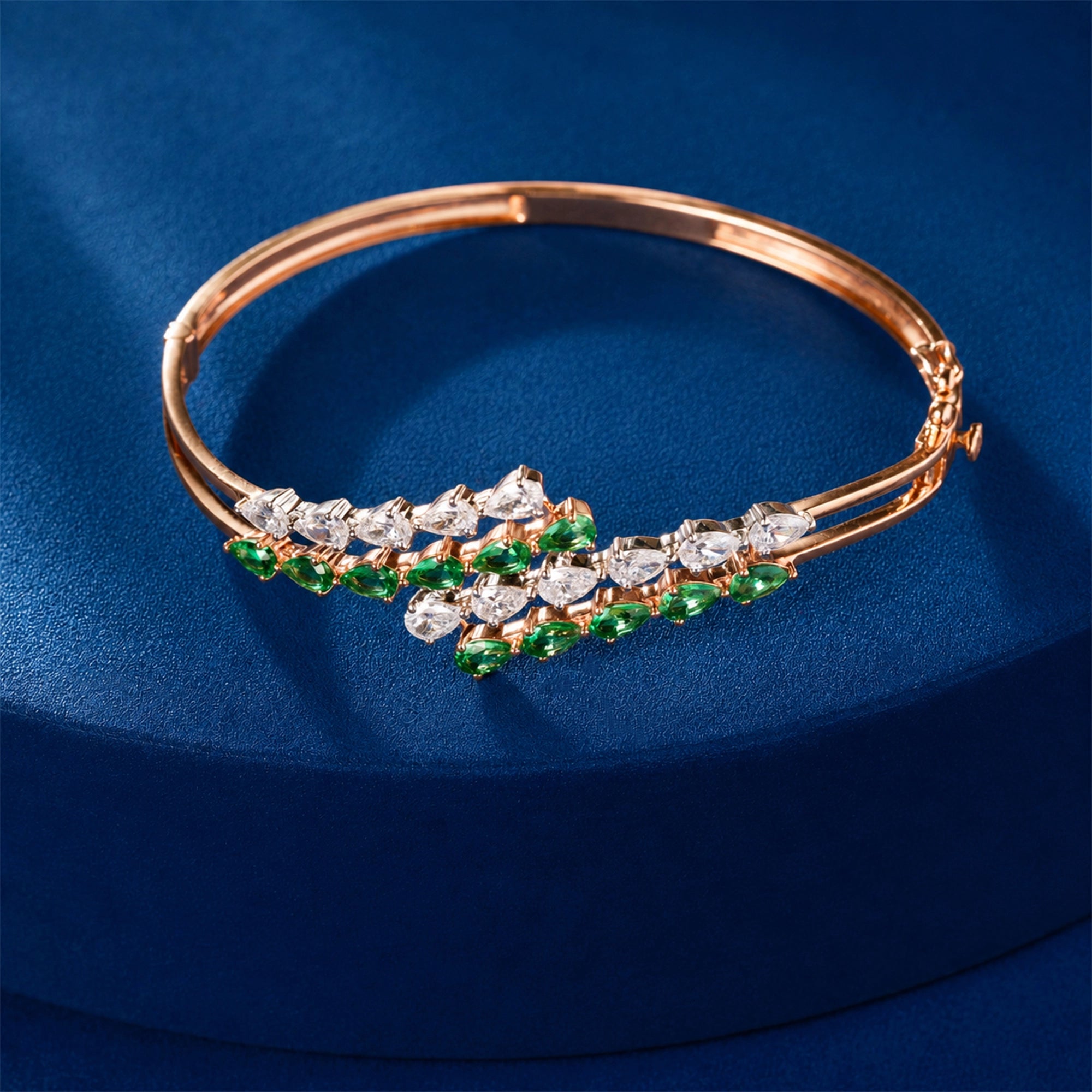 Pear and Emerald Stone Rose Gold Bangle