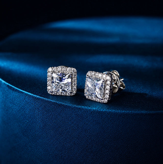 Princess Cut Halo Stud Earrings