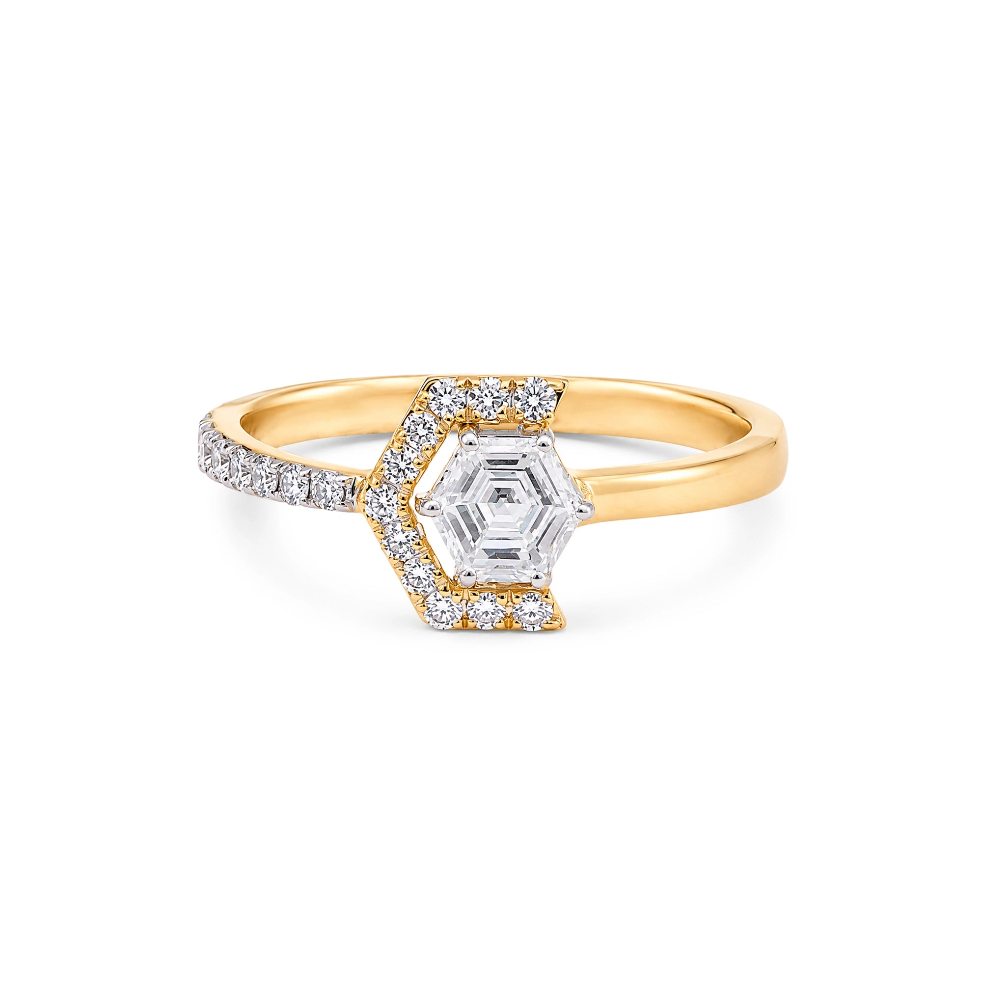 Hexagonal Cut Geometric Halo Pavé Ring