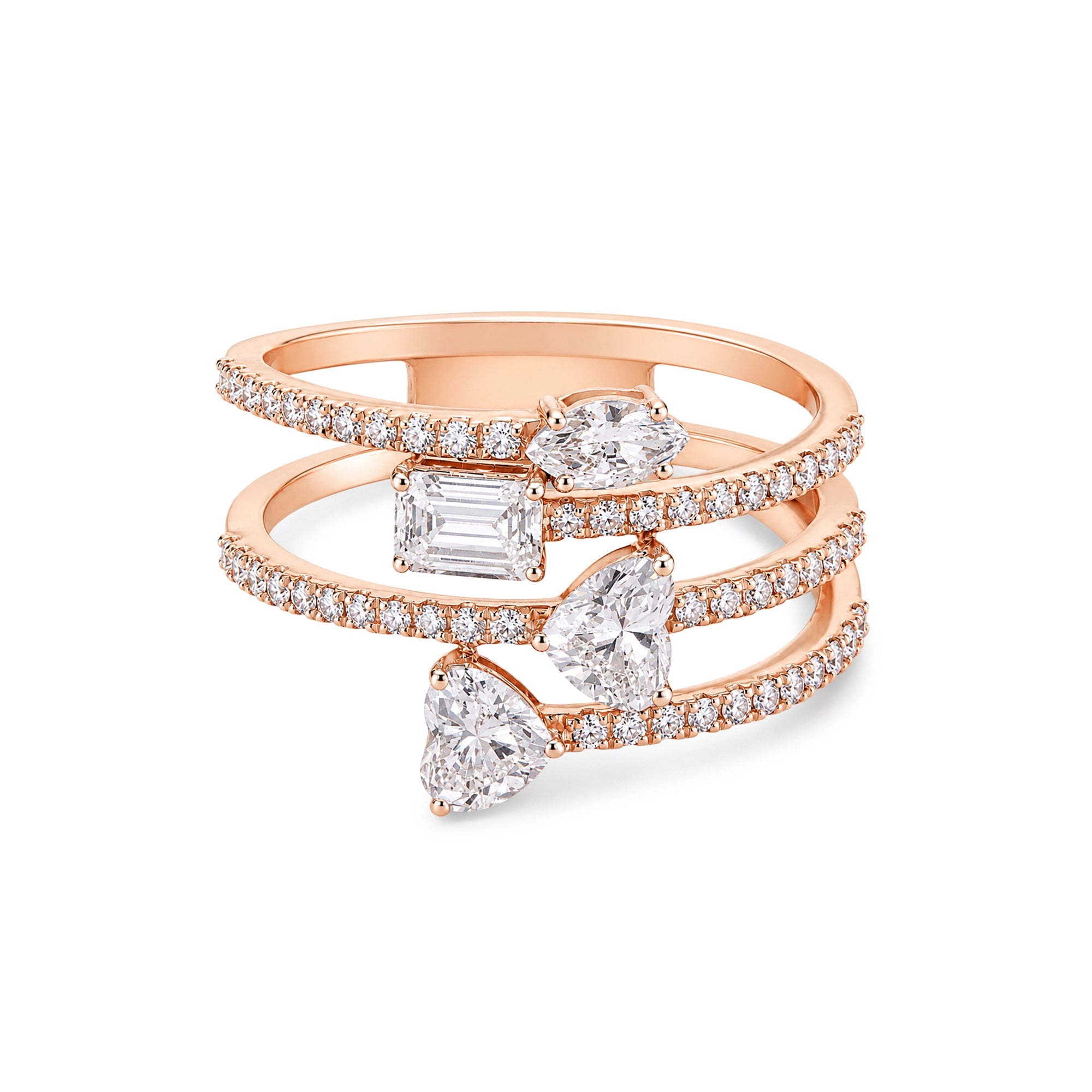 Mixed Cut Multi-Stone Triple Rail Spiral Ring