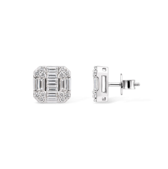 Baguette Mosaic Square Halo Stud Earrings