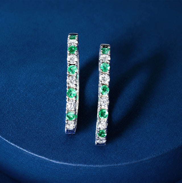 Emerald and Diamond Alternating Hoop Earrings