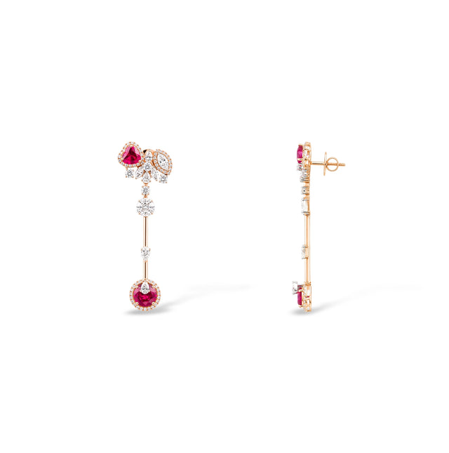 Heart Ruby and Diamond Cluster Drop Earrings