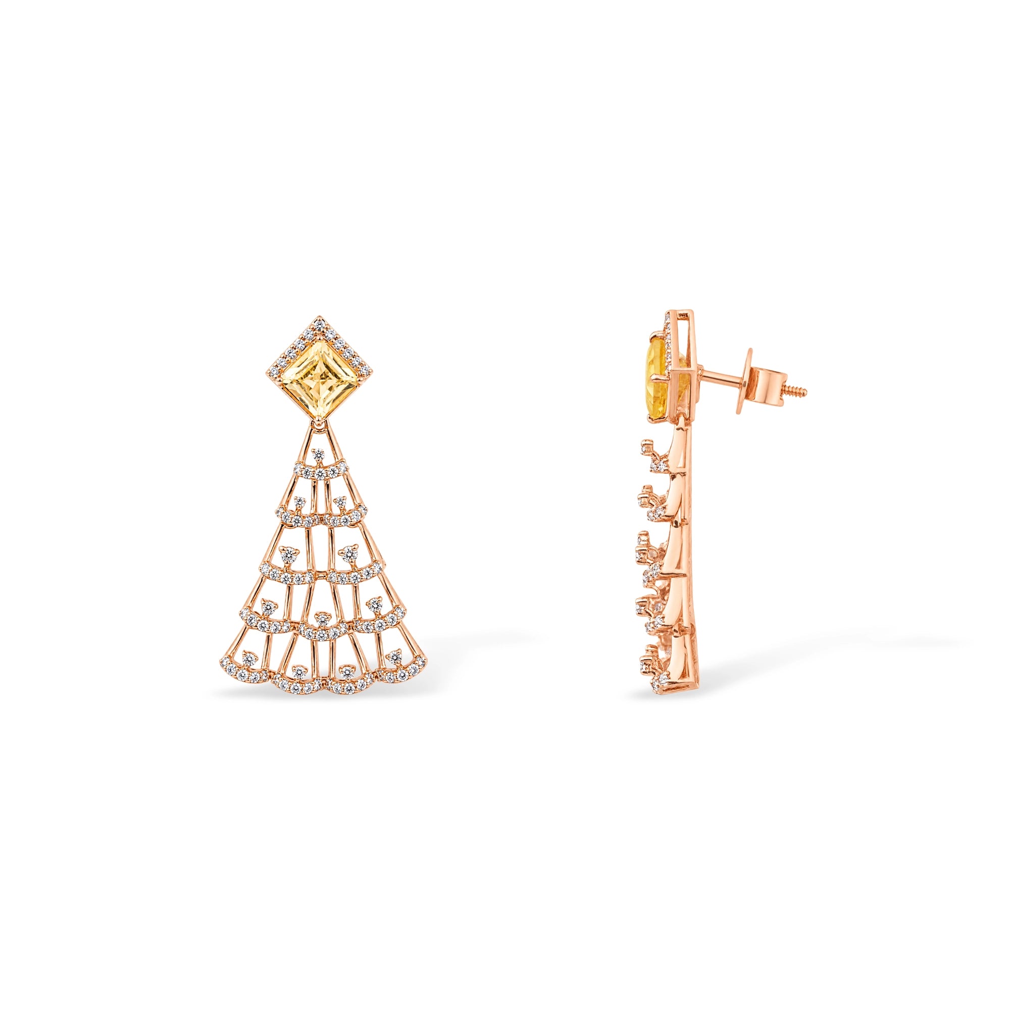 Yellow Stone Square Stud and Open Fan Lattice Chandelier Earrings