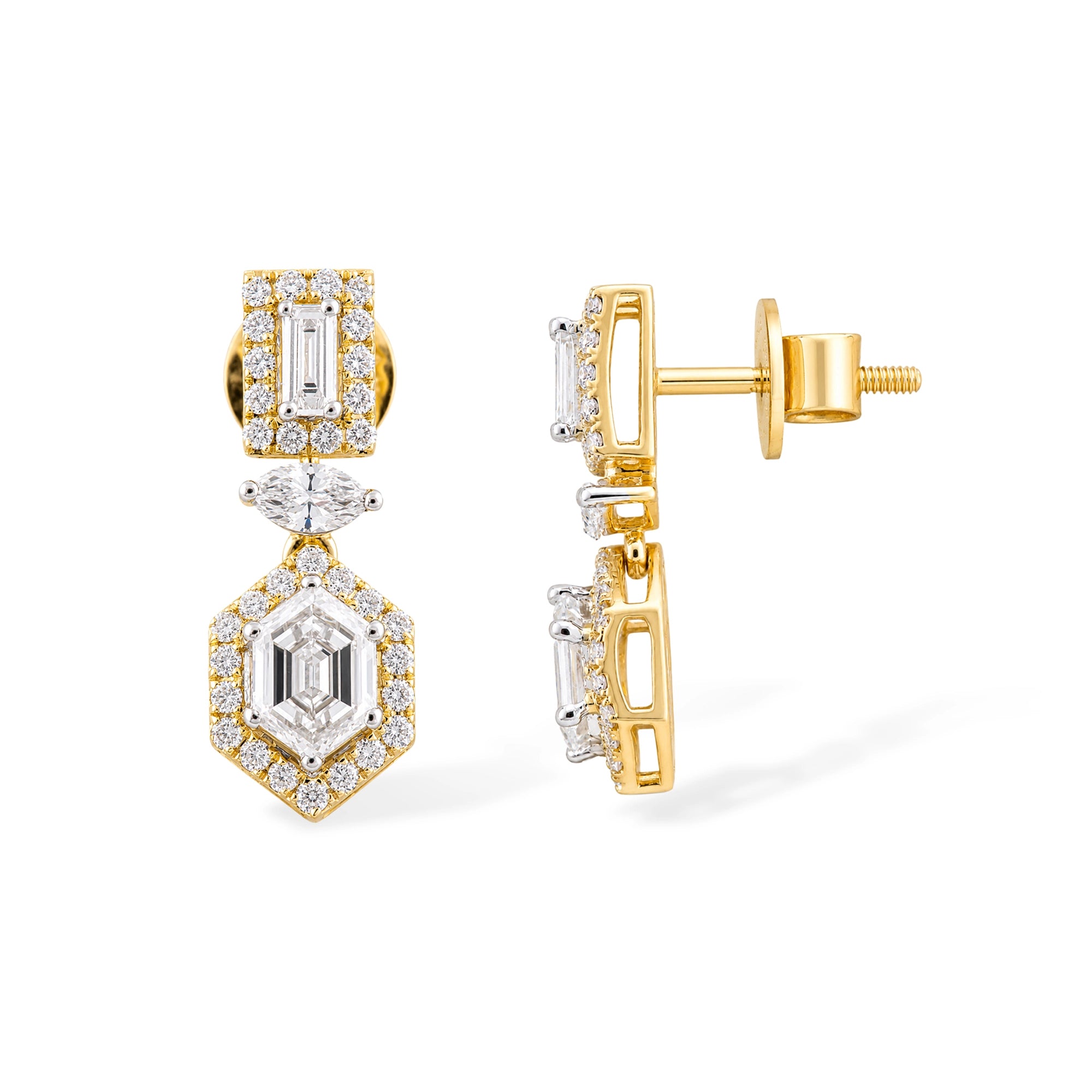 Hexagon Halo Emerald Cut Drop Earrings