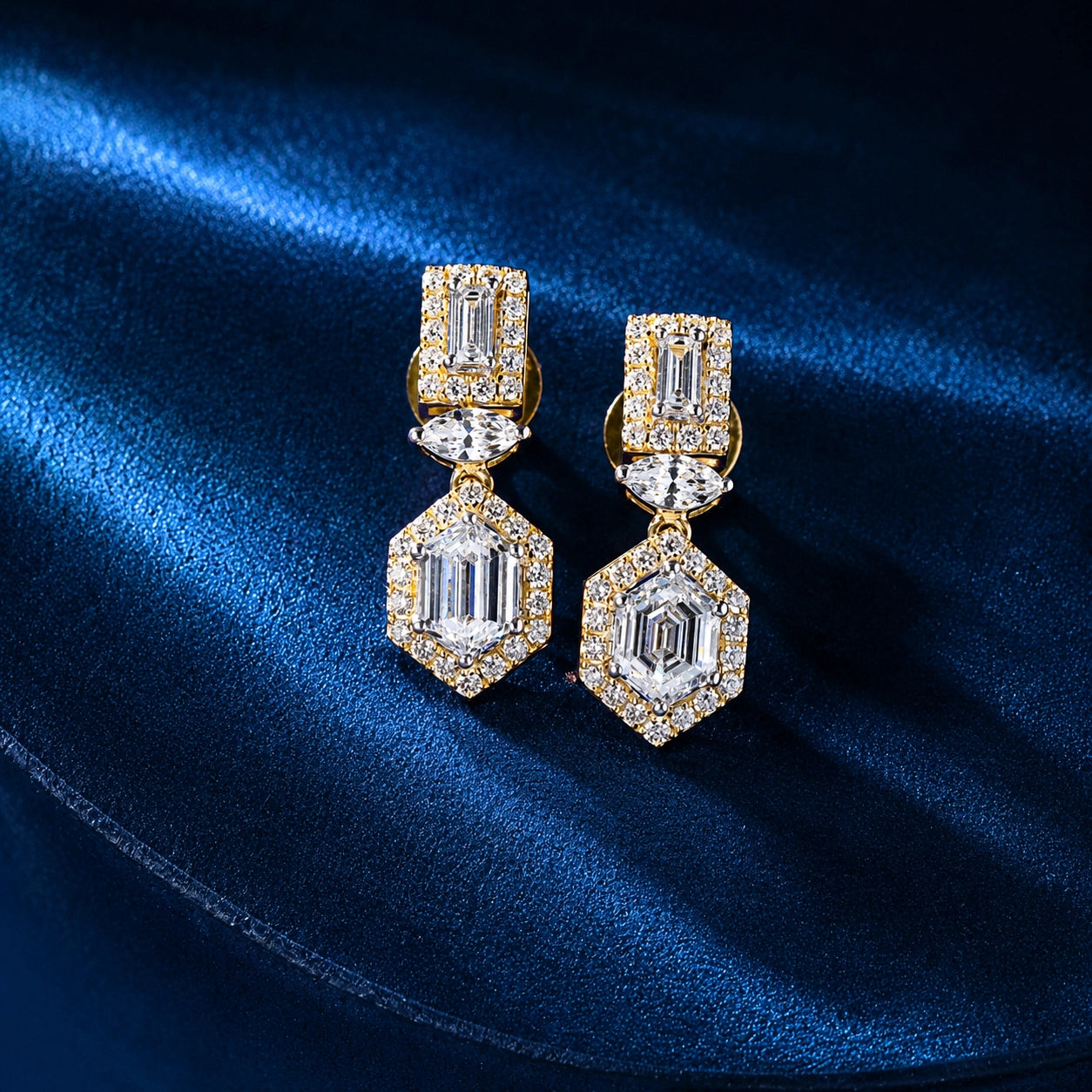Hexagon Halo Emerald Cut Drop Earrings