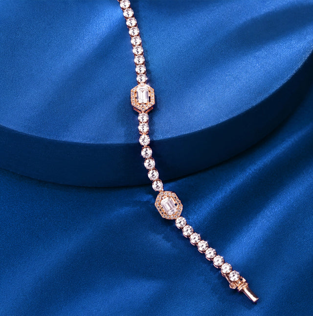 Emerald Cut Station Rose Gold Tennis Bracelet