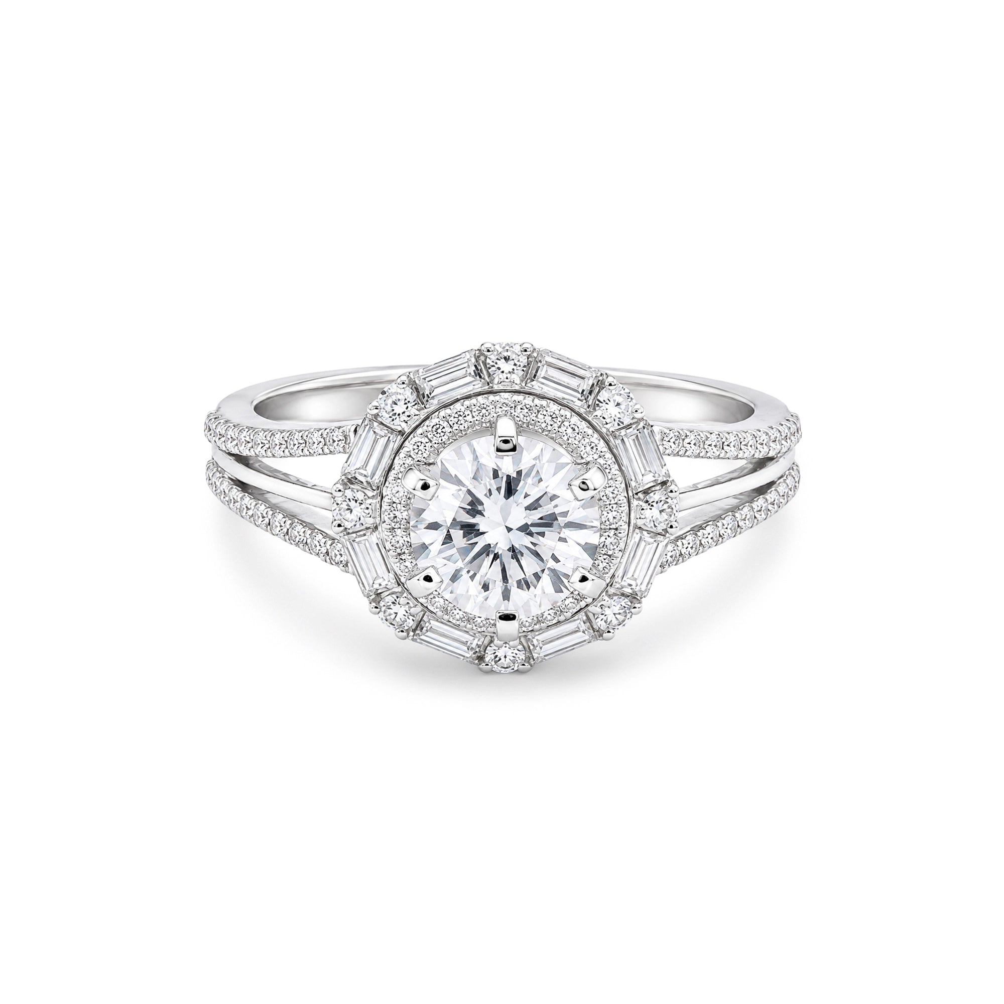 Round Brilliant Baguette Halo Split Shank Ring