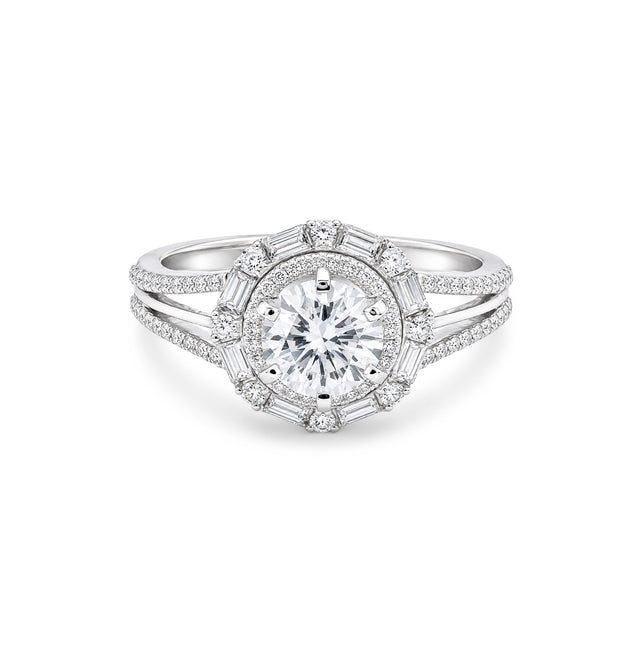 Round Brilliant Baguette Halo Split Shank Ring
