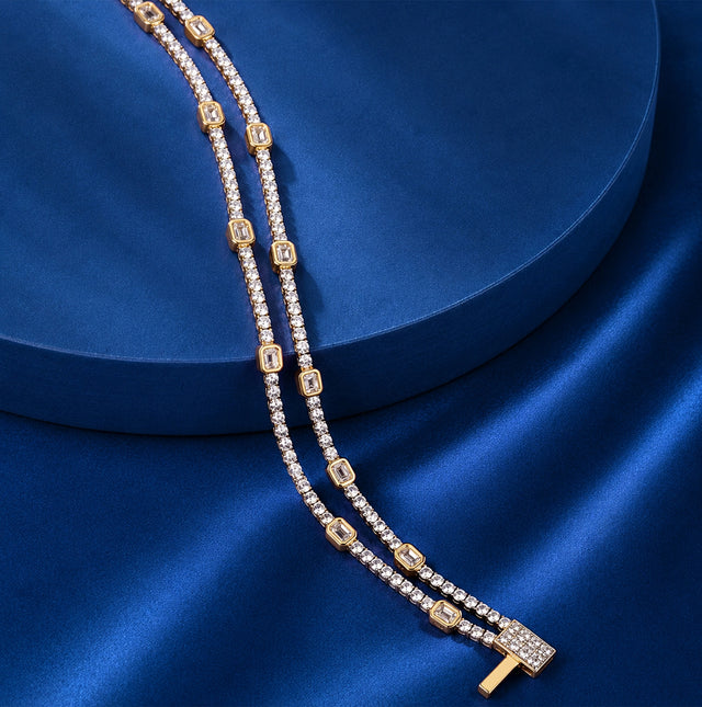 Double Strand Emerald Cut and Round Diamond Bracelet