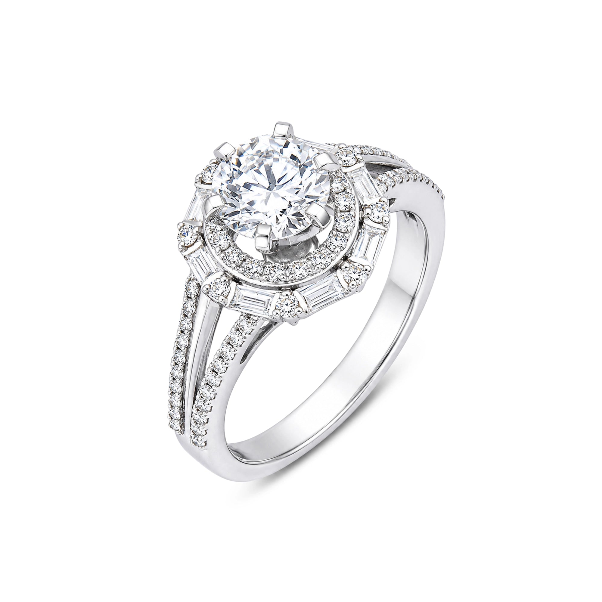 Round Brilliant Baguette Halo Split Shank Ring