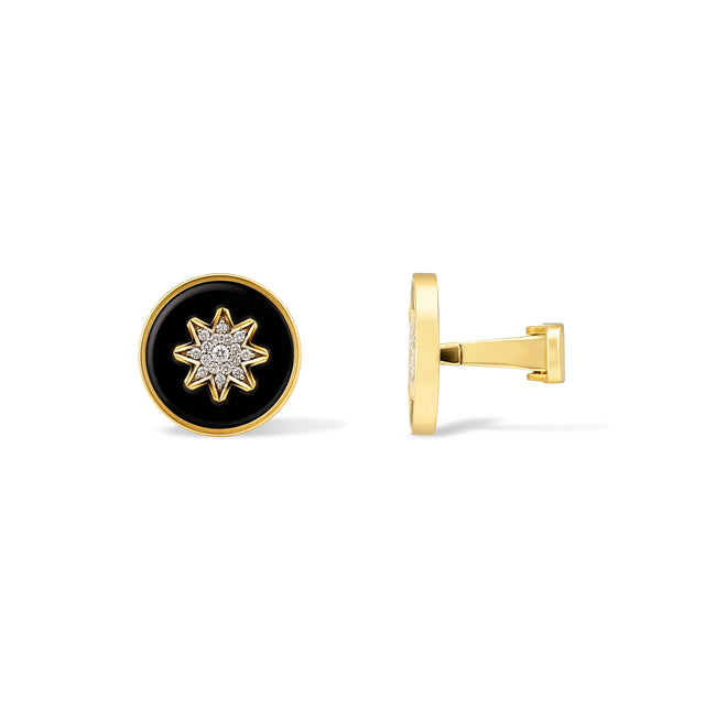Black Enamel Star Diamond Round Cufflinks