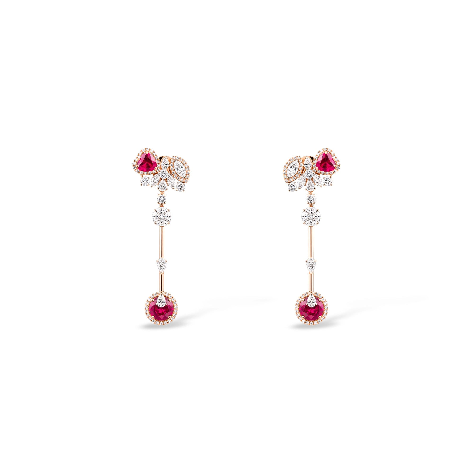 Heart Ruby and Diamond Cluster Drop Earrings